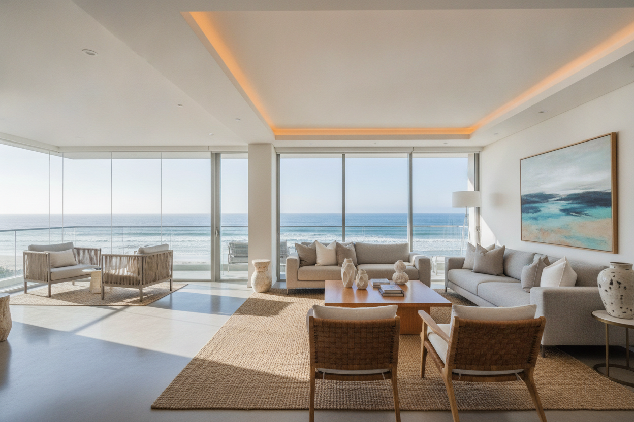 Foto profissional da sala de um apartamento com vista para o mar